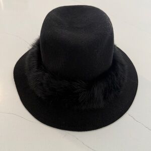Eric Javits Black Bunny Wool Hat with Rabbit Fur Trim One Size NWT